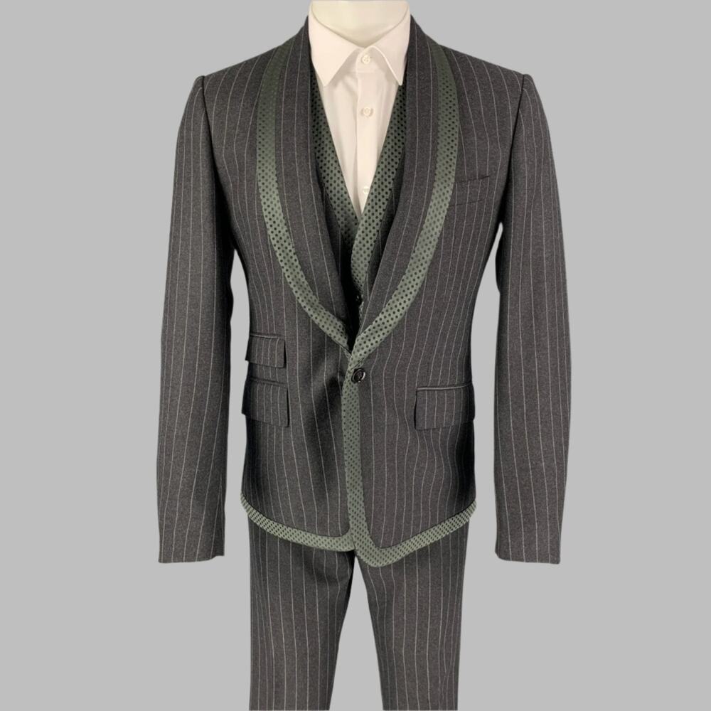 DOLCE & GABBANA Size 40 Regular Gray Chalkstripe Virgin Wool Shawl 3 Piece Suit